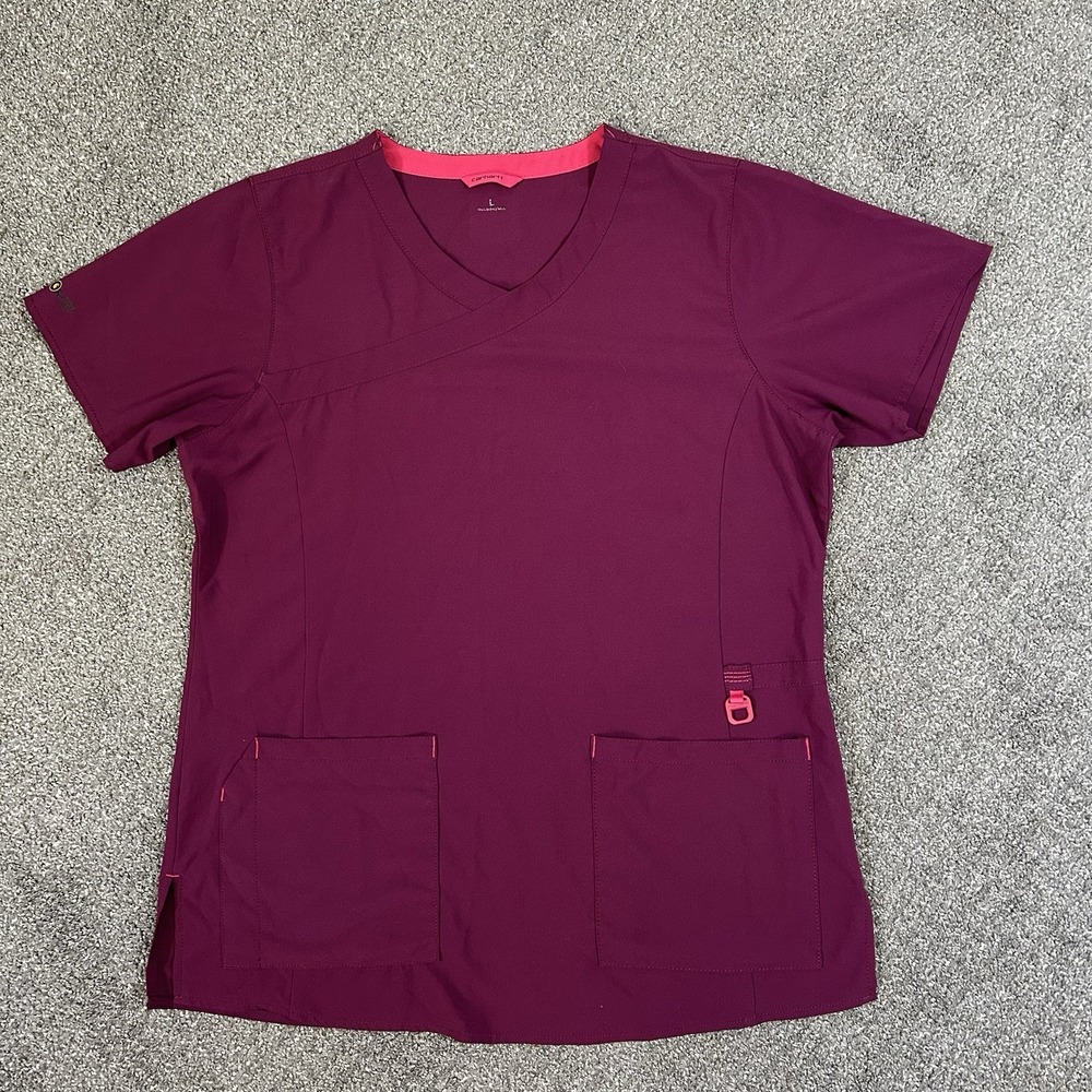 Carhartt Force Cross Flex Scrub Top Womens Large Burgundy V Neck Stretch C12110